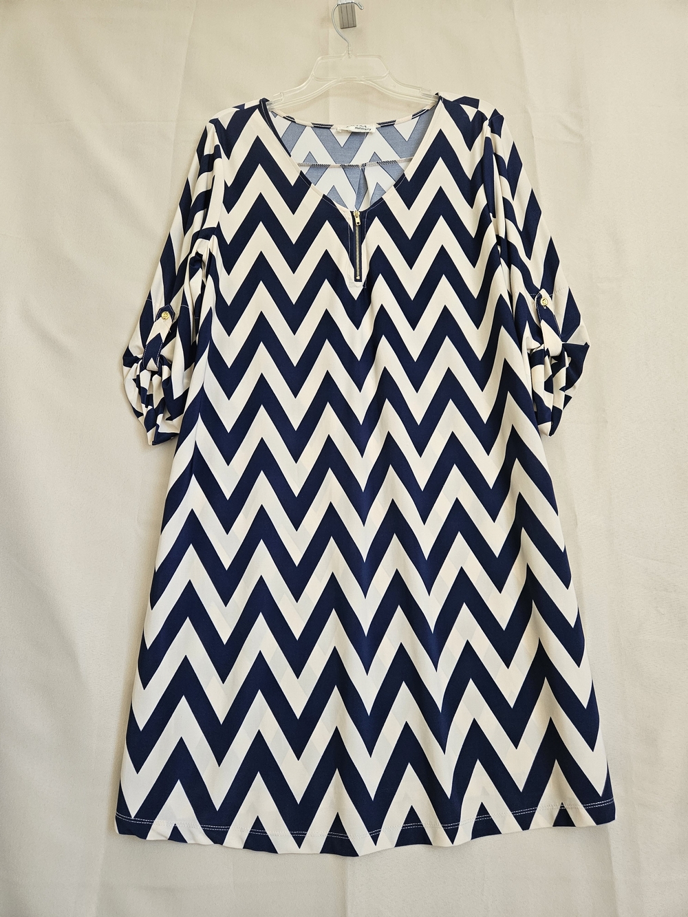 Tacera Navy and White Chevron Midi Dress with Belt - Picture 4 of 11